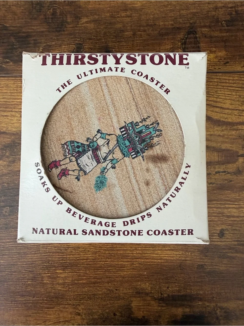 Vintage Thirstystone Sandstone Coaster Set 4 Kachina Dancer Box USA 1988 Cork
